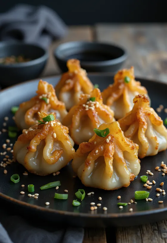 Kimchi mandu, servert fersk med sesamfrø og koriander