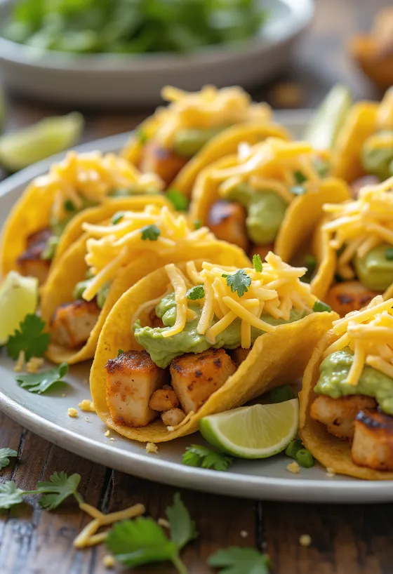 Mini-tacos fylt med kylling, avokado og ost