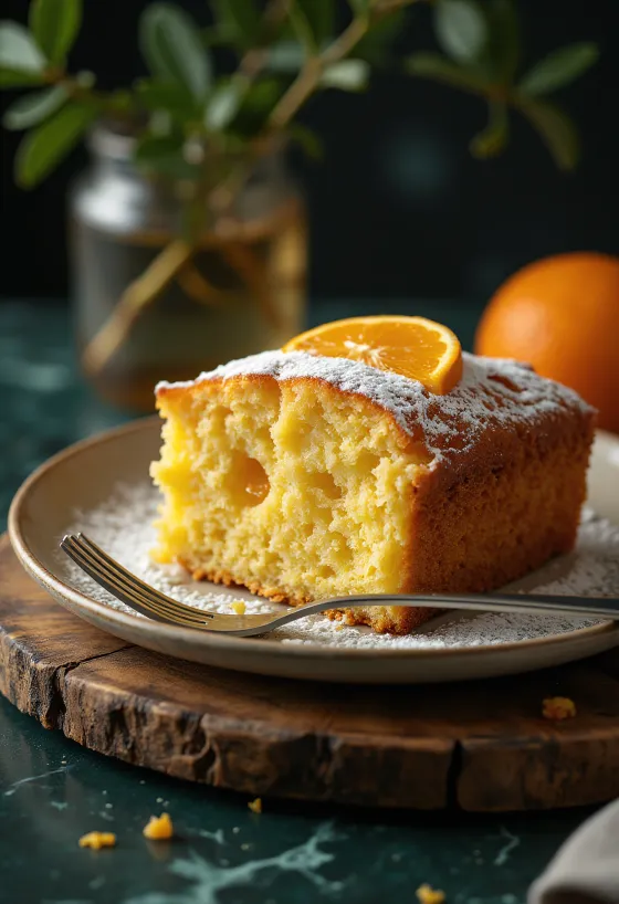 Appelsin- og honningkake skåret i stykker og servert