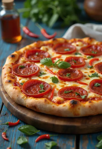 Spicy Pepperoni pizza servert med chili