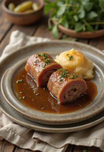 Okserulader servert med saus og potetmos