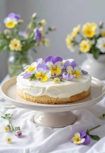 Vårlig blomsterkake pyntet med spiselige blomster