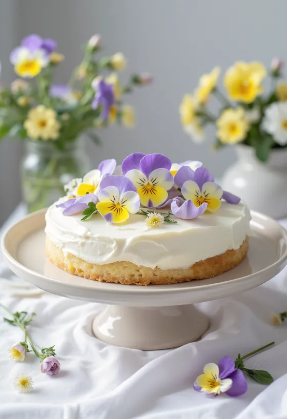 Vårlig blomsterkake pyntet med spiselige blomster