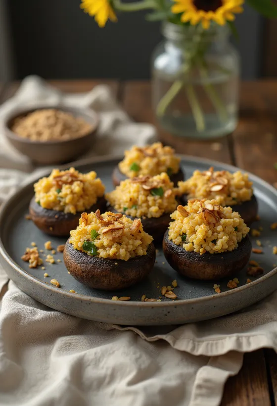 Vegansk fylt sopp servert med quinoa