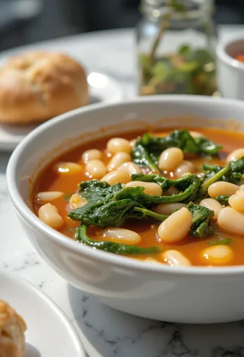 Minestrone suppe servert med spinat, tomat, bønner og pasta