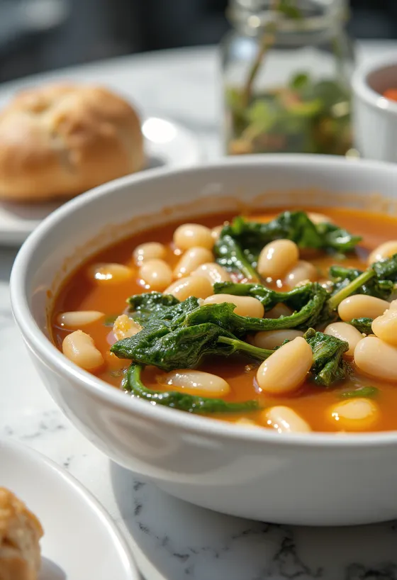 Minestrone suppe servert med spinat, tomat, bønner og pasta