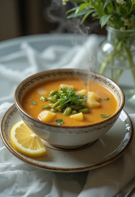 Tradisjonell Palóc-suppe, laget med rikelig med grønne bønner, poteter og lammekjøtt.