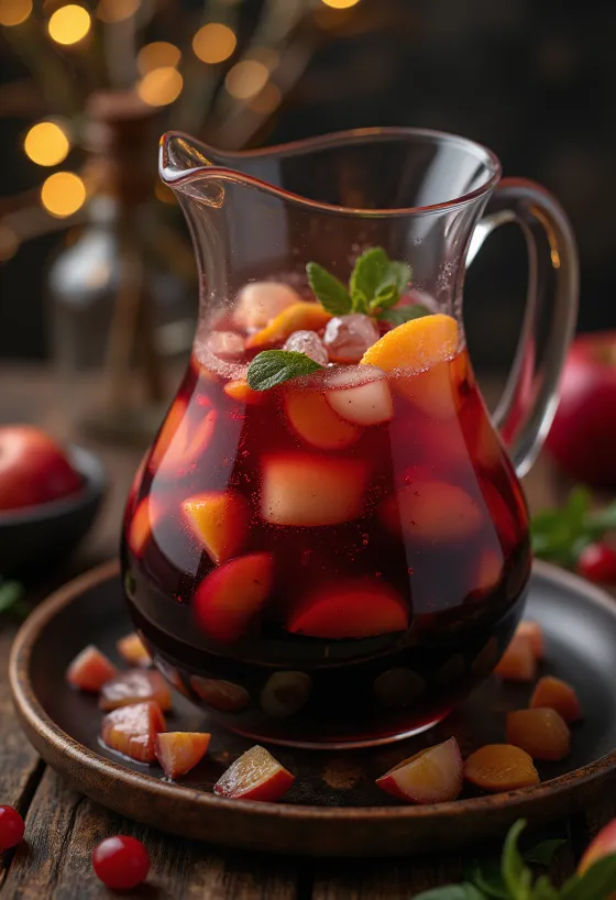 Sangria servert med frisk frukt og isbiter