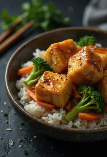 Stekt tofu servert med ris og grønnsaker