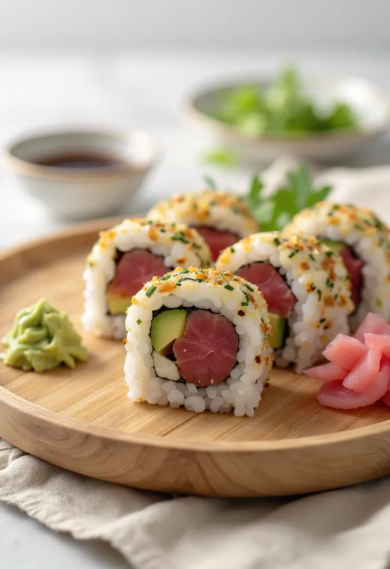 Sushi med tunfisk servert med friske grønnsaker og soyasaus