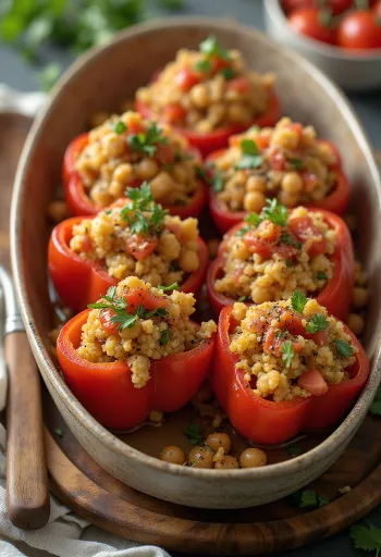 Vegansk fylt paprika servert med quinoa