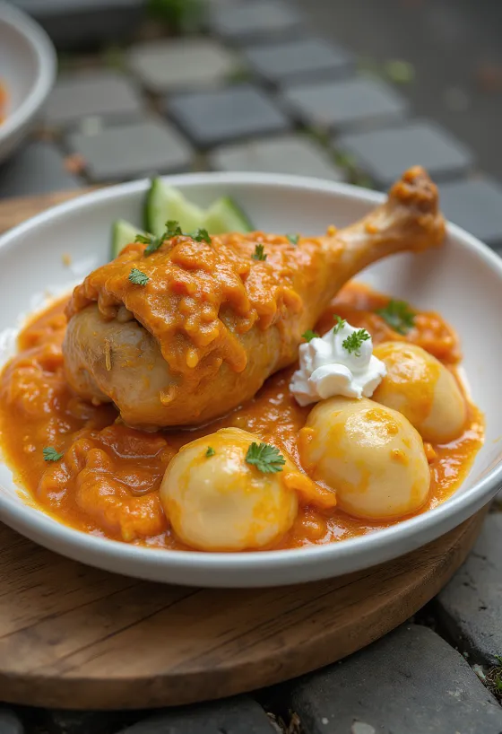 Kyllingpaprikash med saftige kyllingstykker servert i paprika- og rømmesaus.