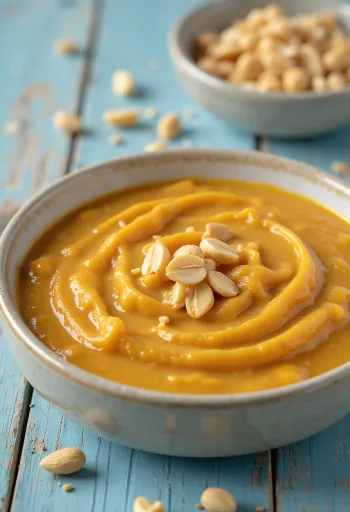 Curry-peanøttsaus servert i en skål med frisk koriander.