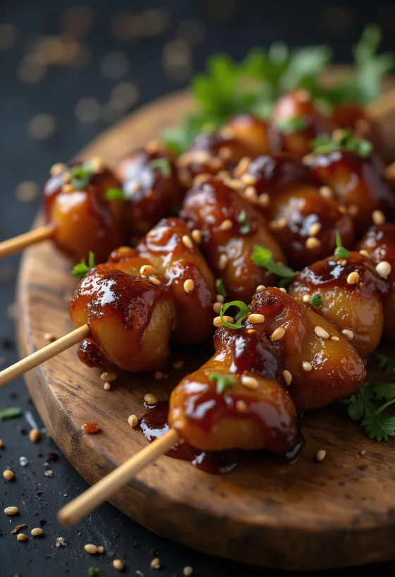 Hatsu yakitori kyllinghjerte på spyd, servert med sesamfrø og frisk vårløk