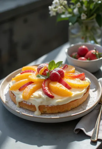 Sukkerbrødkake servert med frisk frukt og gelé