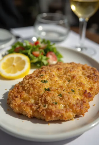 Gyllenbrun panert svineschnitzel i sprø panering, servert med friske grønnsaker.