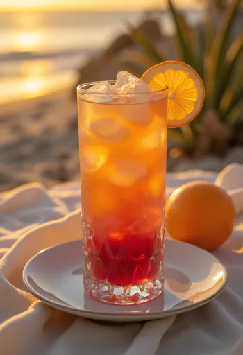 Sex on the Beach cocktail pyntet med appelsinskive og cocktailbær
