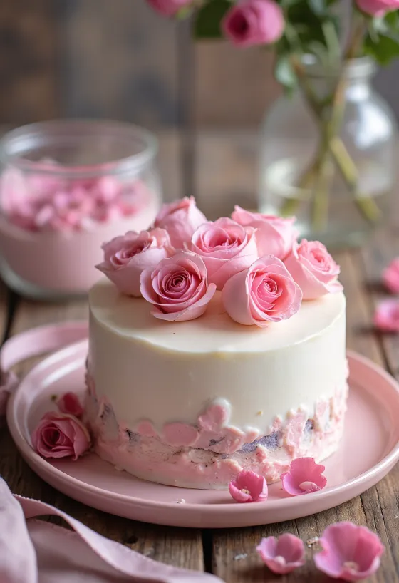 Valentinskake med roser, hvit fondant og roseblader