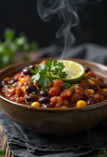 Vegansk chili sin carne i rik kryddersaus, pyntet med frisk koriander.