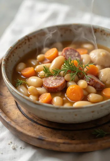 Tradisjonell bønnesuppe med små melboller (csipetke), servert med røkt kjøttkraft