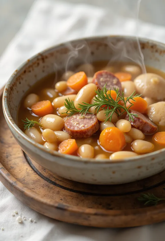 Tradisjonell bønnesuppe med små melboller (csipetke), servert med røkt kjøttkraft