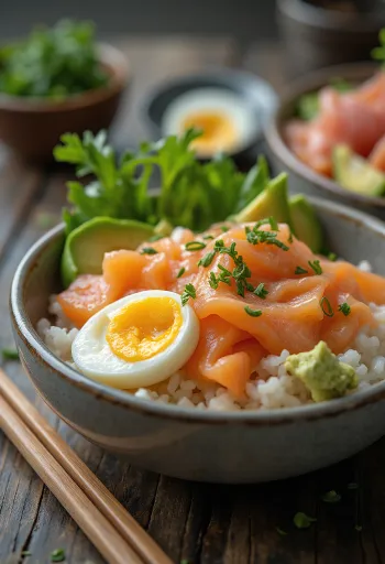 Chirashi med kokt egg servert med fersk laks, avokado og soyasaus