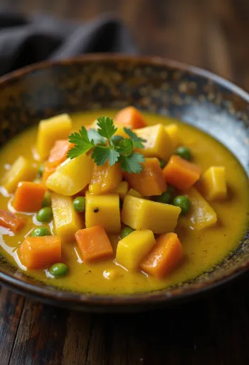 Grønnsakssaus med curry i en skål, pyntet med frisk koriander.
