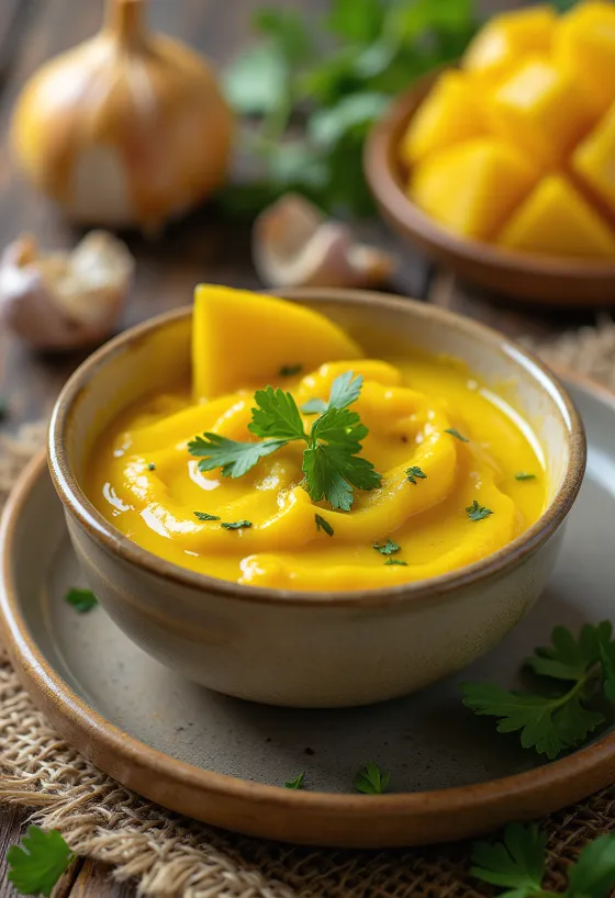 Hvitløk- og karri-mangosaus i skål
