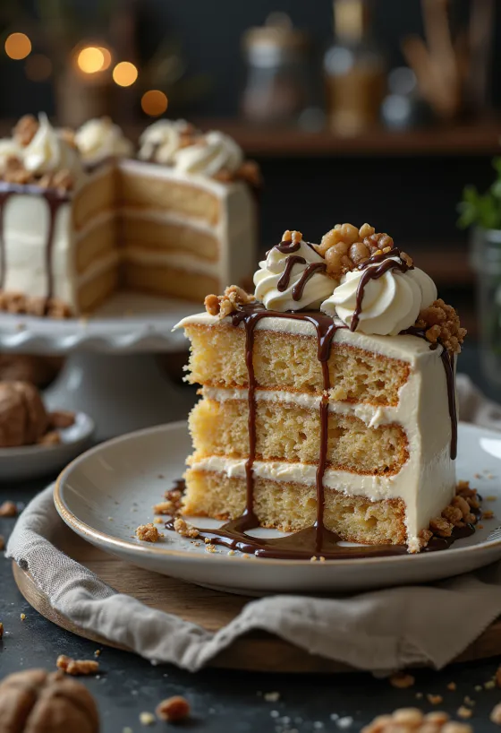 Kastanjekake med valnøttkrem servert