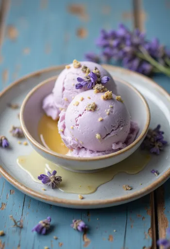 Hjemmelaget lavendel- og honningis kule i skål