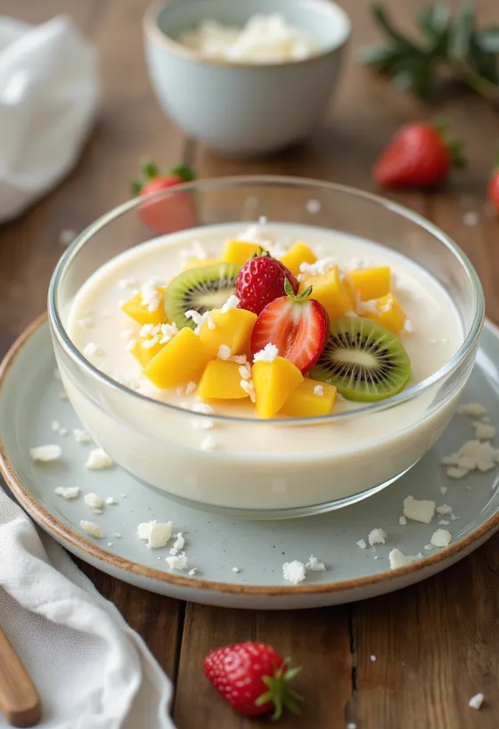 Manjar con frutas, kokospudding servert med frisk frukt.