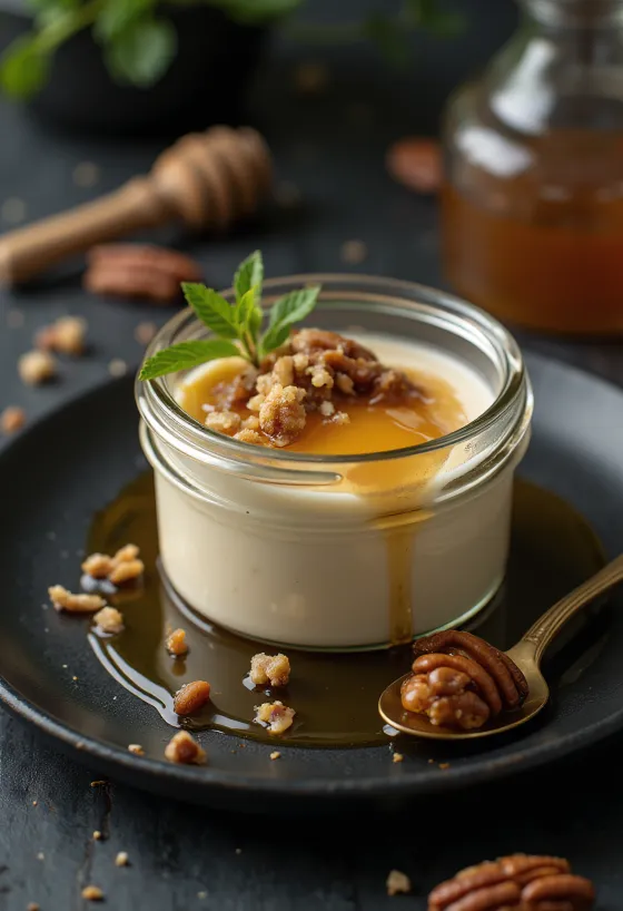 Panna cotta med pekannøtter servert