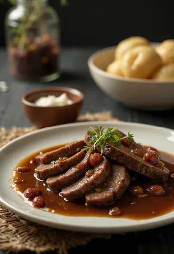 Sauerbraten tysk marinert oksestek servert