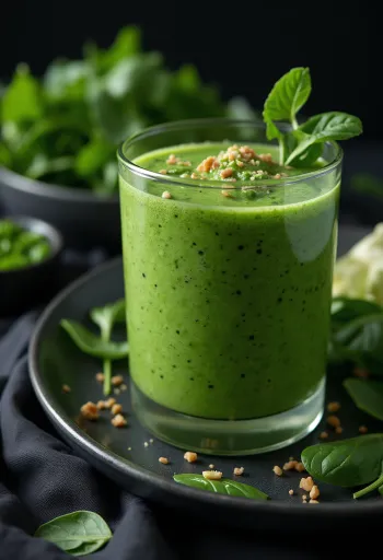 Spinatsmoothie i høyt glass, pyntet med grønnsaker og frukt