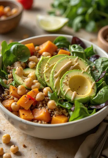 Buddha bowl med bakt søtpotet, quinoa og tahinidressing