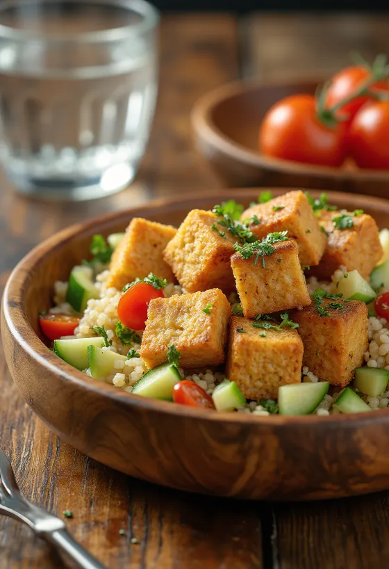Bakt tofu med quinoasalat servert