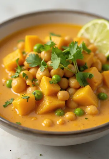 Vegansk curry med kokosmelk servert med grønnsaker