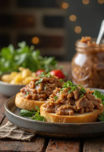 Duck rillette servert i et rustikt glass med brød og sylteagurk