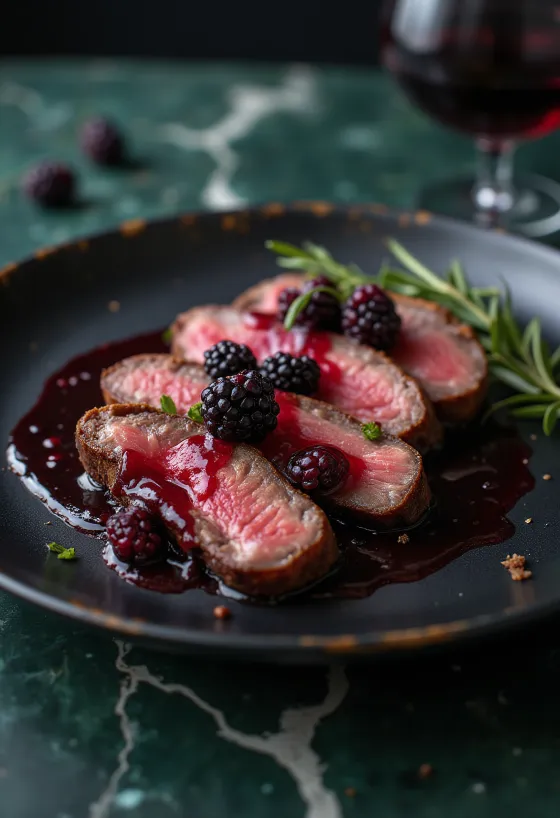 Elk steak med bærsaus servert med grønnsaker.