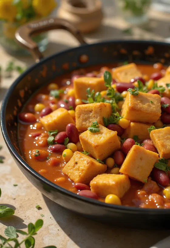 Krydret tofu med bønner servert