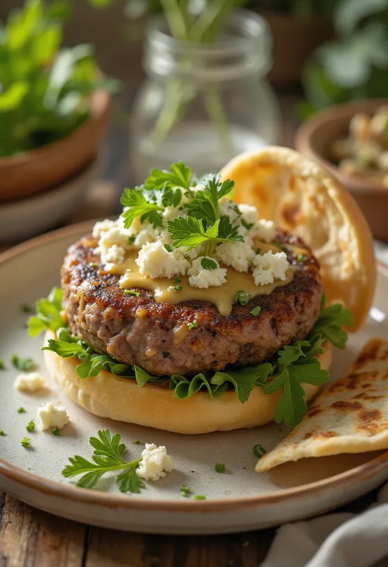 Hamburger fra Midtøsten med tahinisaus og lammekjøttkaker