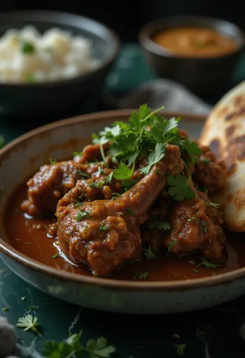 Nihari med storfekjøtt, kokt i rik kryddersaus, pyntet med frisk koriander