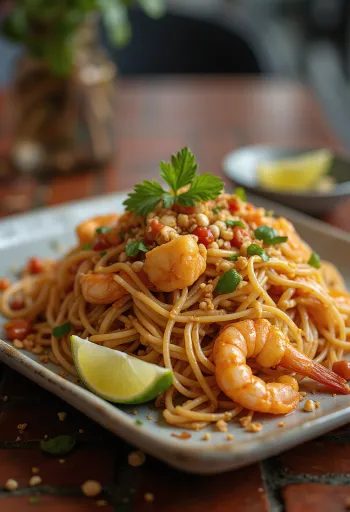 Pad Thai med risnudler servert med limeskiver