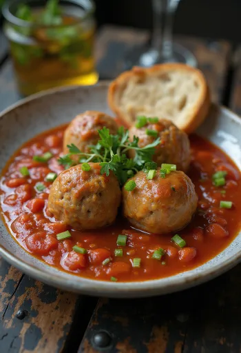 Kjøttboller i tomatsaus servert i tykk, søt-syrlig saus