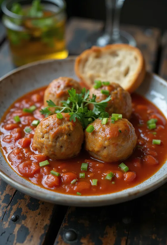 Kjøttboller i tomatsaus servert i tykk, søt-syrlig saus