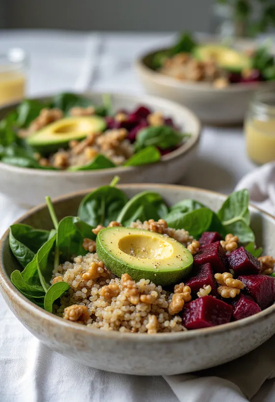 Buddha bowl med spinat, quinoa og rødbeter
