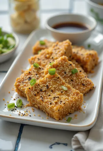 Bakt tofu med sesamskorpe, stekt sprø og gyllenbrun, servert med friske grønnsaker.