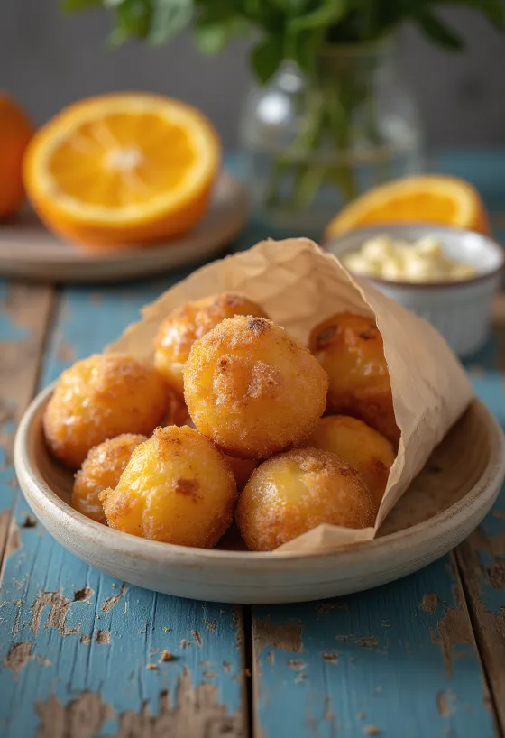Bolinho de Chuva med appelsinjuice, sprø deigboller med kanel og sukker servert med fersk appelsinjuice