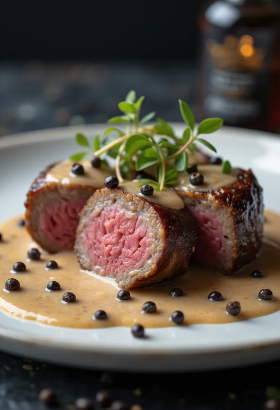 Emufilet med peppersaus servert med grønnsaker.