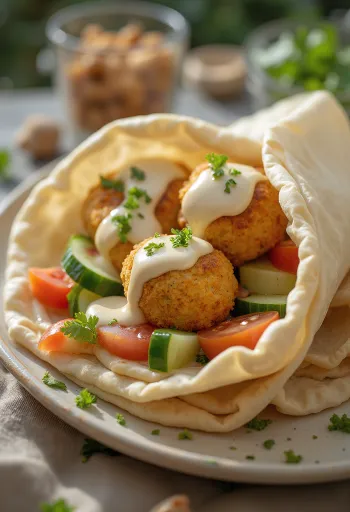 Falafel i pita med friske grønnsaker og tahinisaus